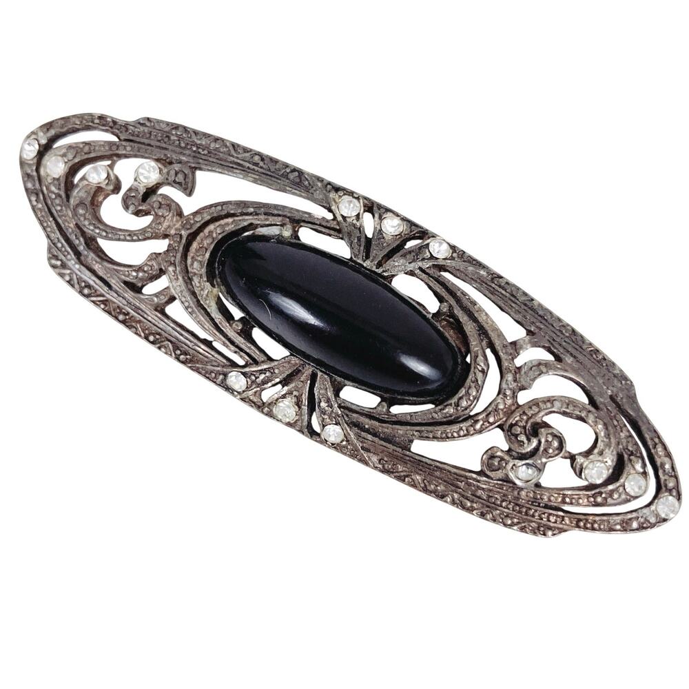 Vintage 90s Y2K Art Deco Revival Filigree Bar Brooch Black Cabochon Rhinestones